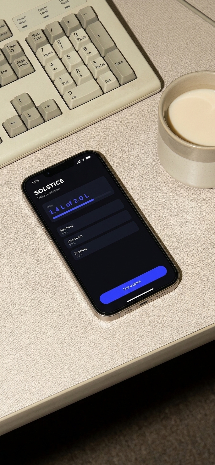 App screenshot rendered onto a phone on a beige desk