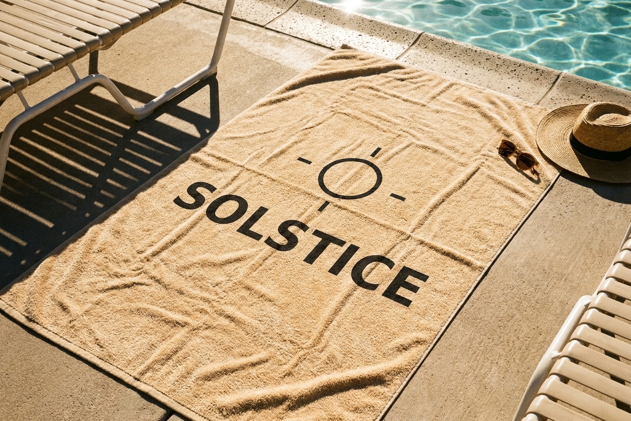 Logo rendered as a print on a poolside beach towel