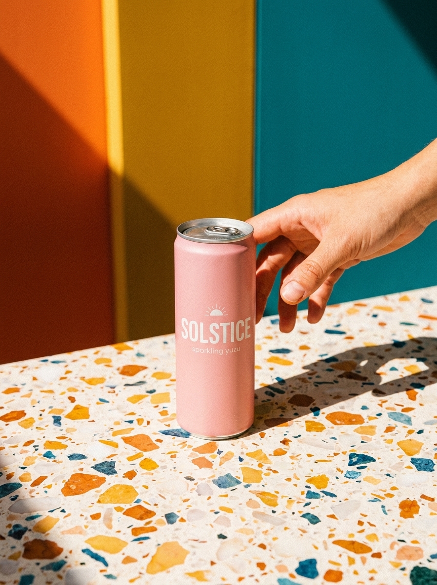 Drink can rendered into a hard-sun terrazzo scene